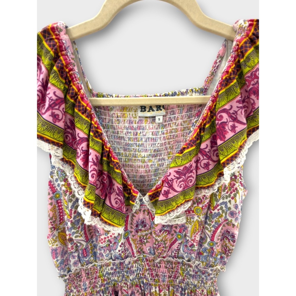 Anthropologie Barok Paris Dress S Pink Paisley Boho Peasant Smocked Ruffle Min - Picture 3 of 12